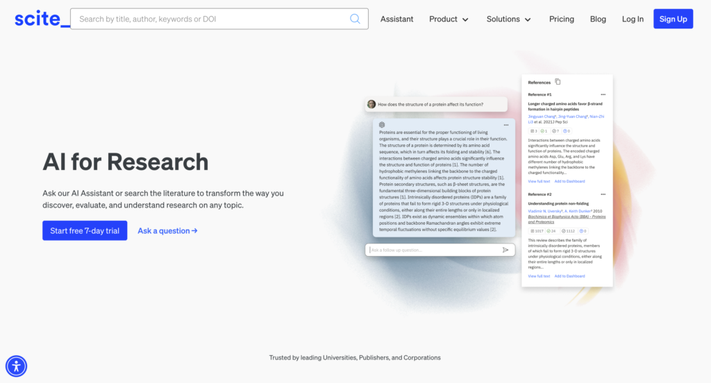 Scite AI interface showcasing tools for citation analysis, real-time academic data exploration, and customizable dashboards for efficient research workflows.